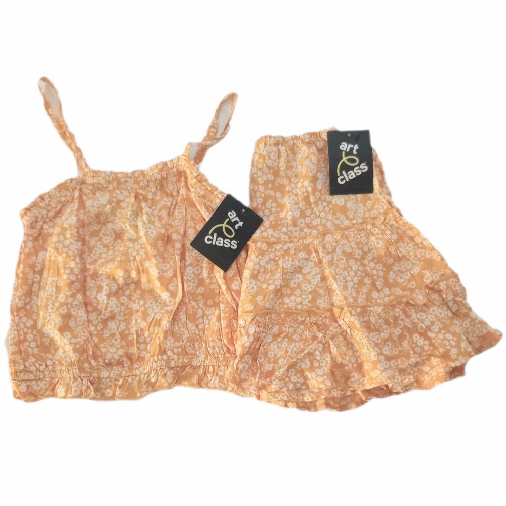 NWT Art Class 2pc Orange Floral Pattern Summer Outfit sz S 6/6X Girls Tank/Skirt